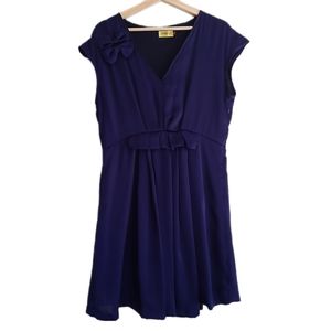 🍒 MAX C London V-Neck Bow Sleeveless Knee Length Dress Navy Blue Sz 14